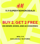H&M - 11.11 Deal: Buy 2, Get 2, Free on Denim, Shoes and Accessories