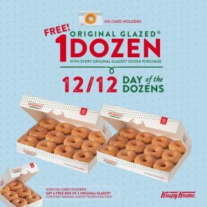 Krispy Kreme - 12.12 Deal: FREE Half Dozen Original Glazed Doughnuts (1 Dozen for OG Card Holders) for Every 1 Dozen Purchase