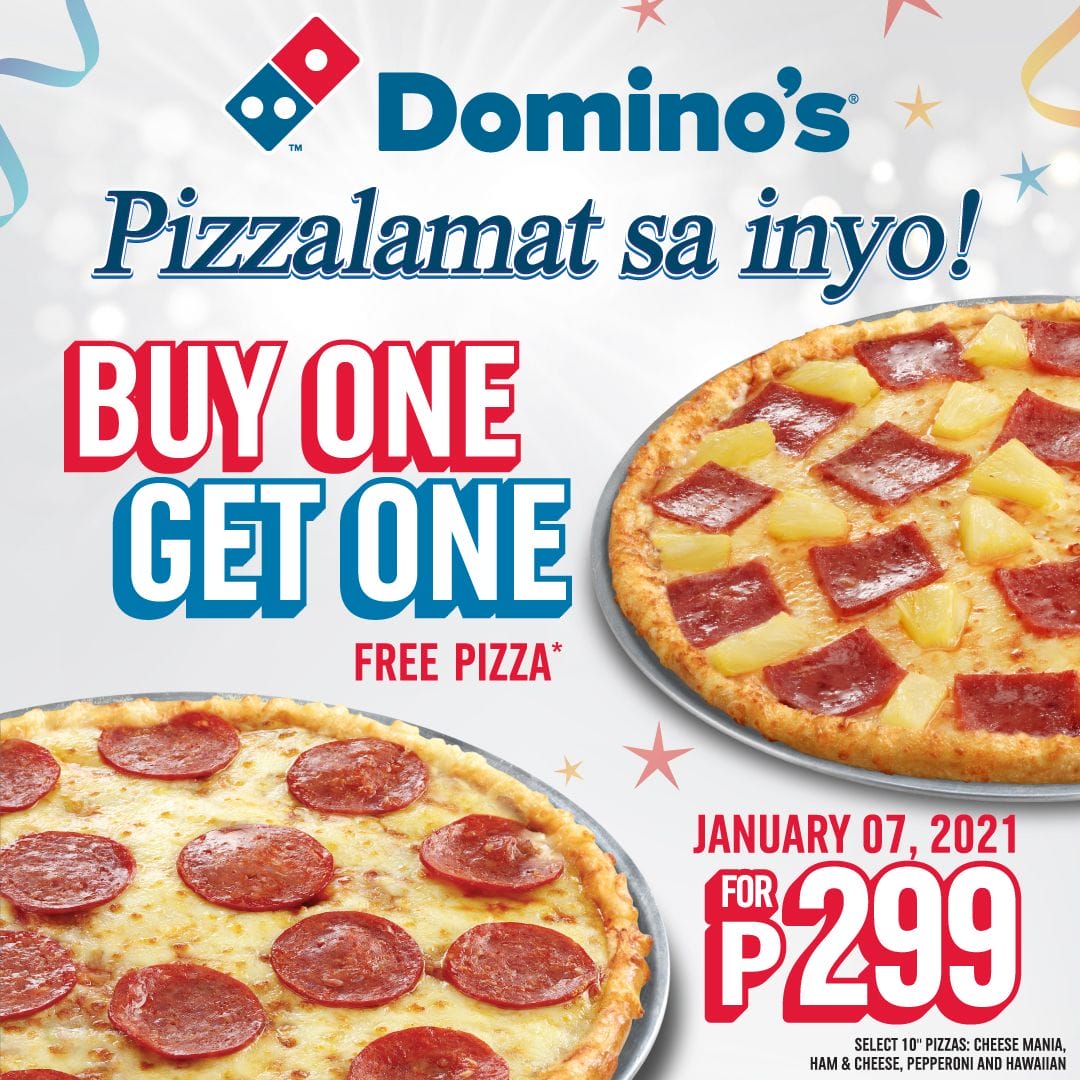 Domino's Pizza Pizzalamat Buy 1 Get 1 FREE Pizza for ₱299 Deals Pinoy