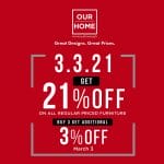 Our Home - 3.3 Deal: Get 21% Off on Regular Priced Furniture